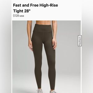 LuluLemon -Fast and Free 28” Long Tight -Dark Olive Green.